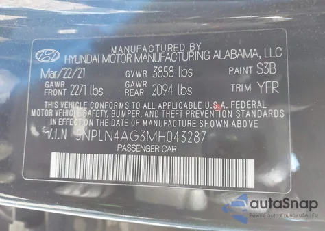 2021 Hyundai Elantra Sel из США, поврежденный, VIN 5NPLN4AG3MH043287